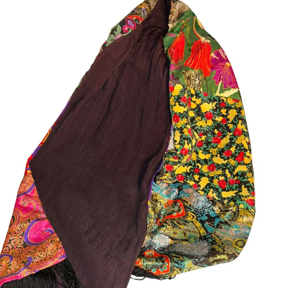 Vintage 80s Vibrant very cool rich Baroque floral print fringe scarf wrap
